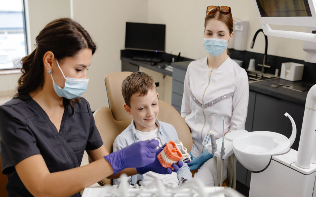 A dentist shows a young boy a model of teeth