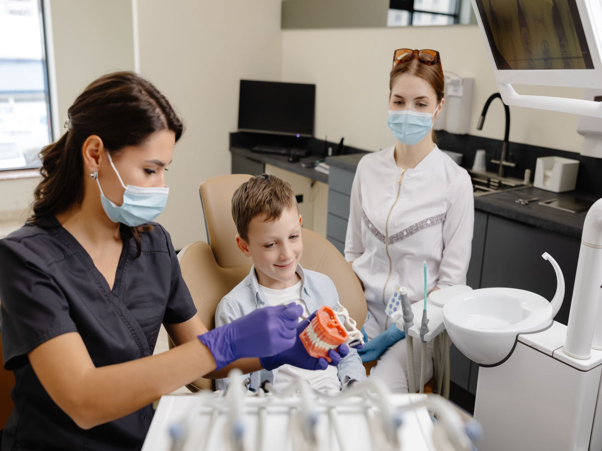A dentist shows a young boy a model of teeth
